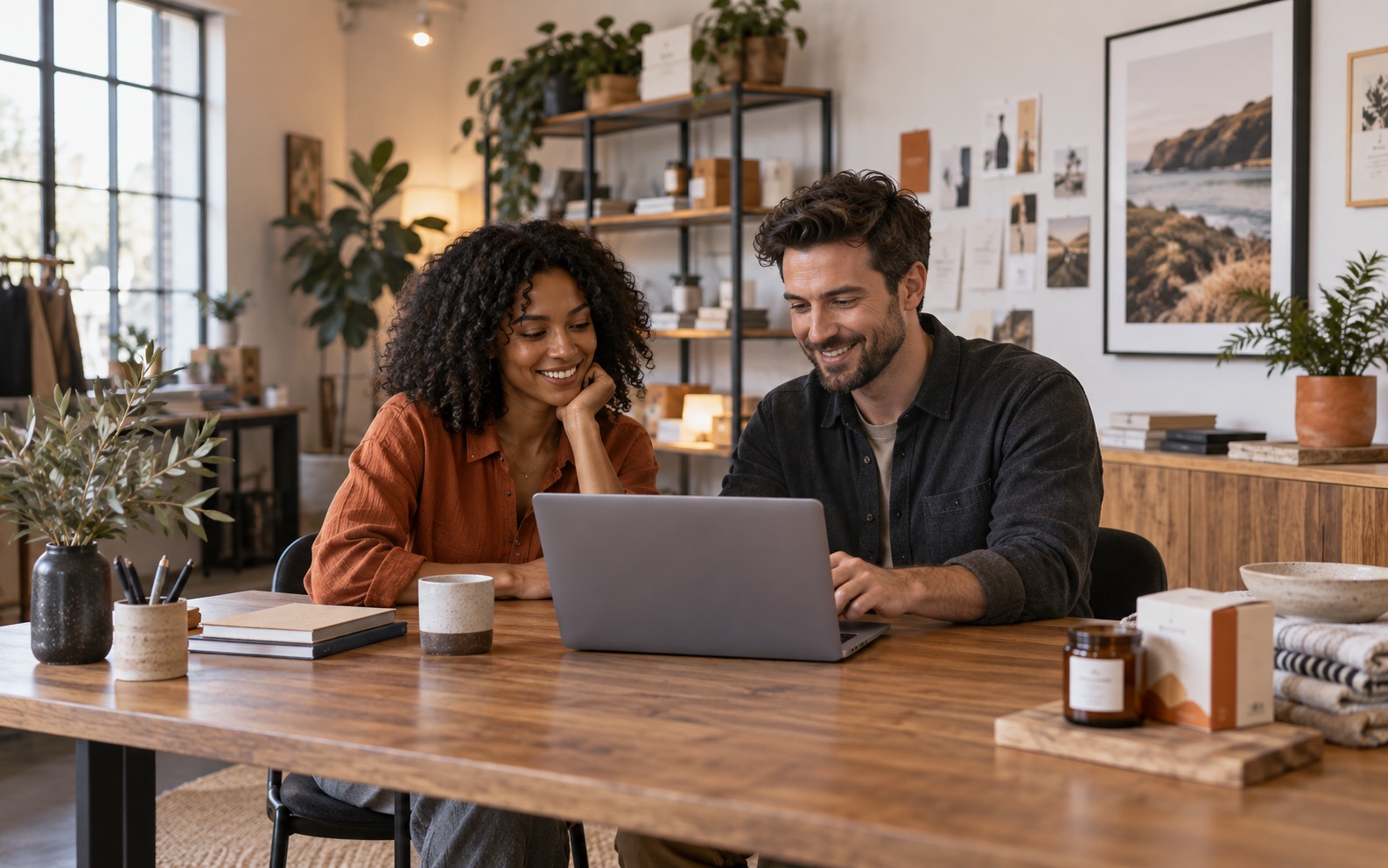 Two small-business partners reviewing their website together in their studio